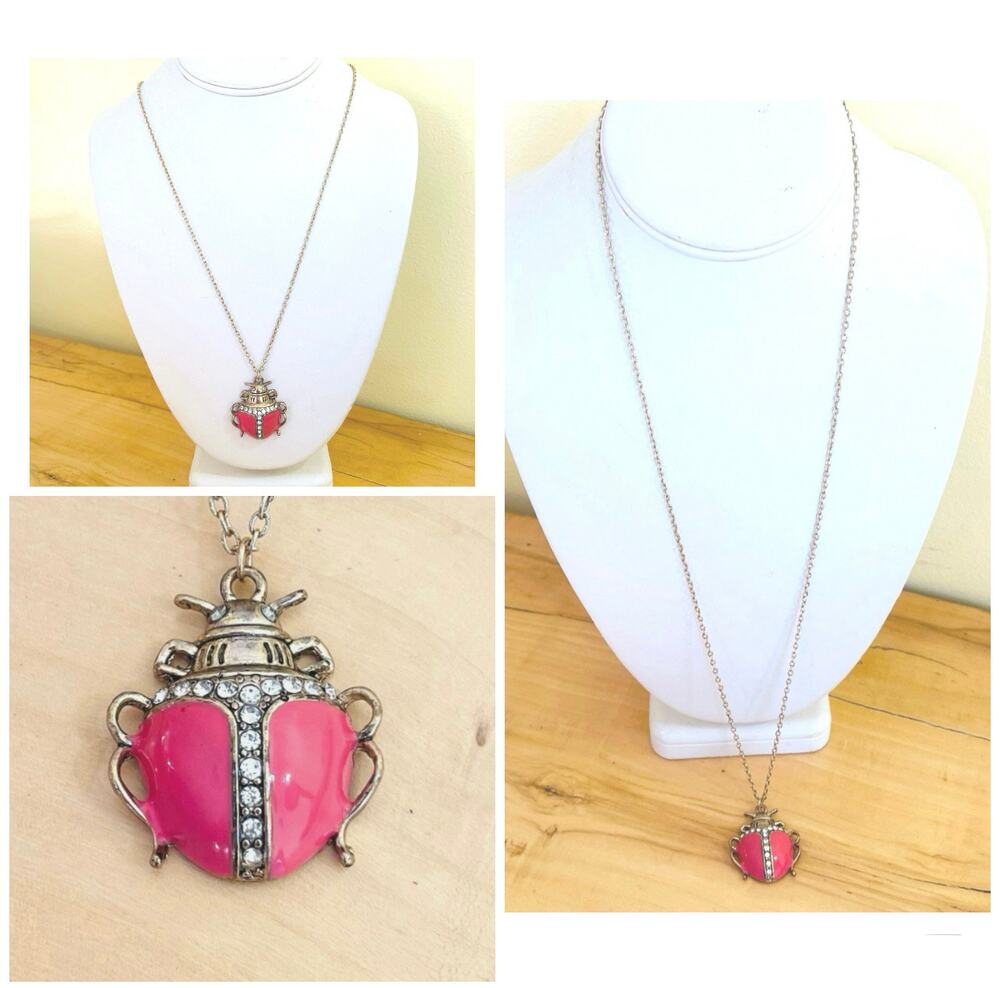 Vtg Style Scarab Beetle Pendant Necklace Egyptian Revival Long Chain Gold Pink